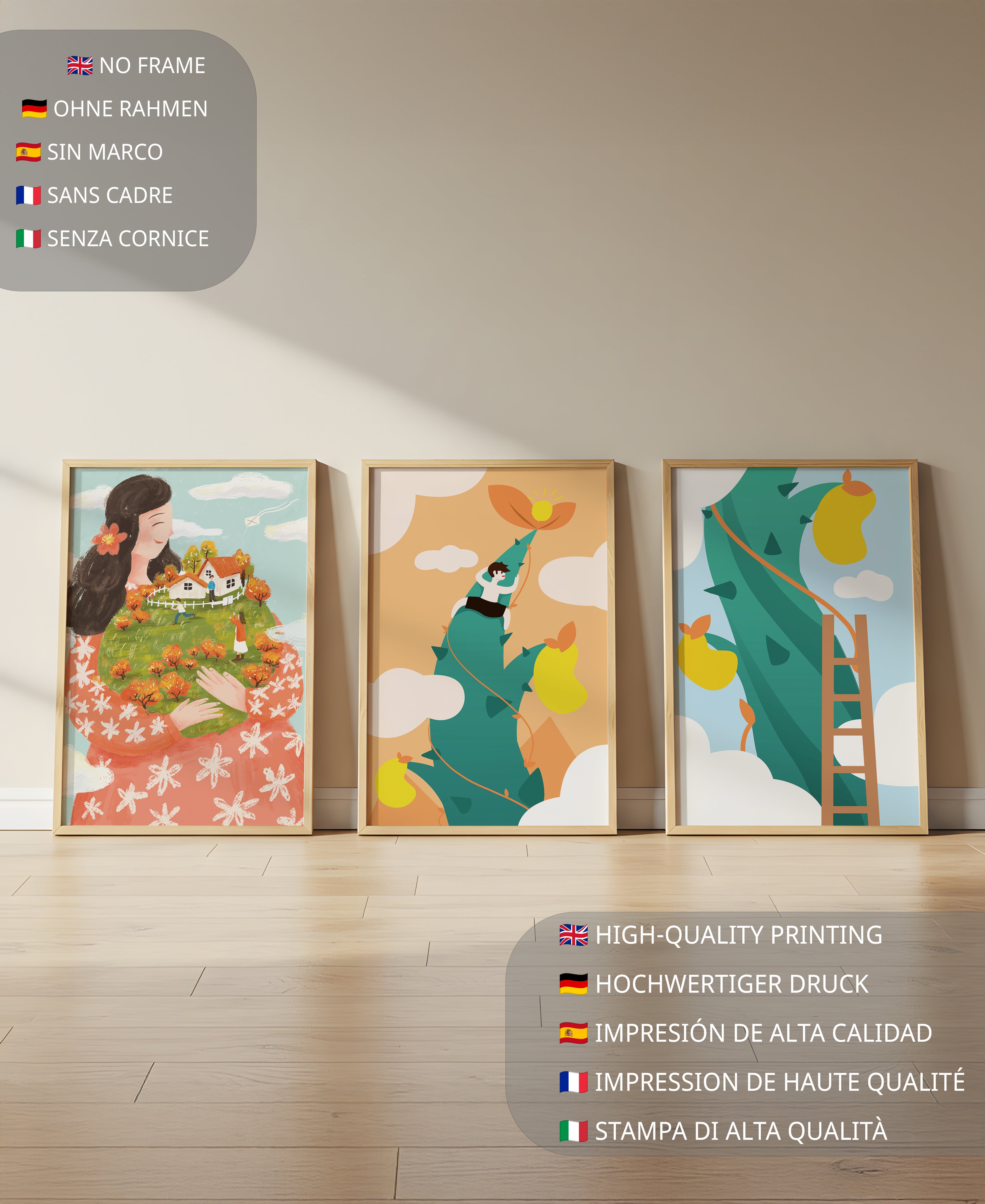 Ensemble de trois tableaux avec des illustrations colorées