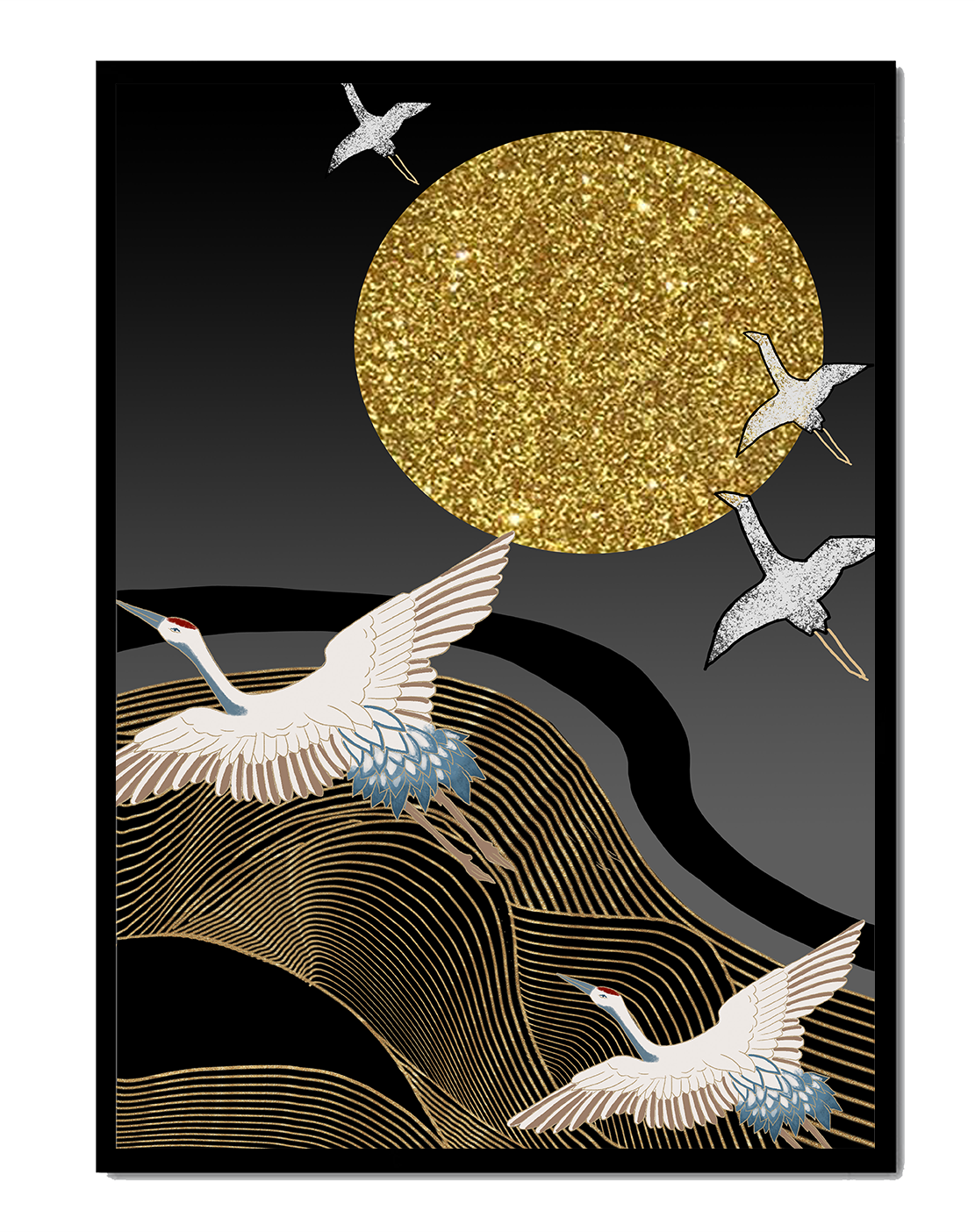 Elegant Cranes Soaring under a Golden Sun