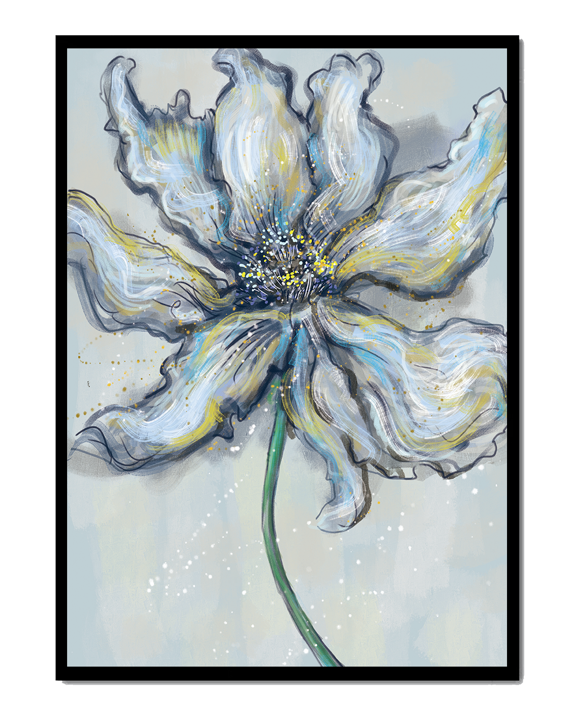 Elegant blue and green abstract floral artwork with flowing lines