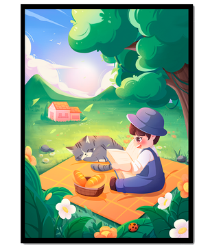 Peaceful outdoor picnic with child reading and cat napping under tree in sunny countryside