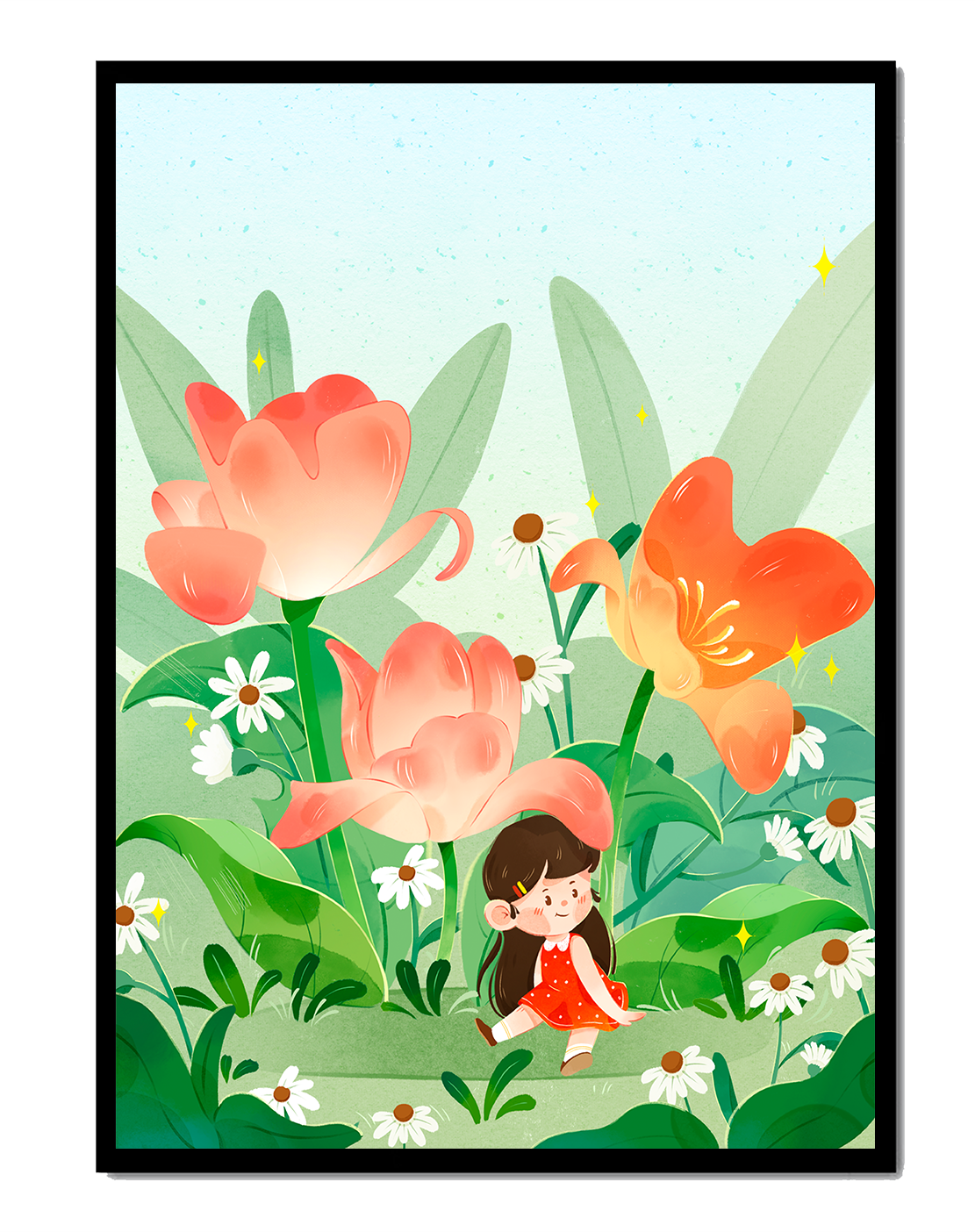 Charming floral garden with whimsical child illustration