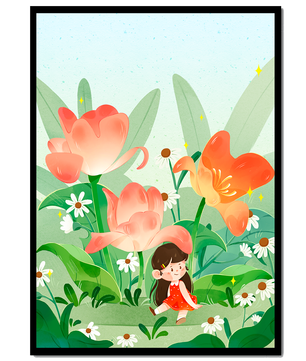Encantador jardín floral con ilustración de niño caprichoso