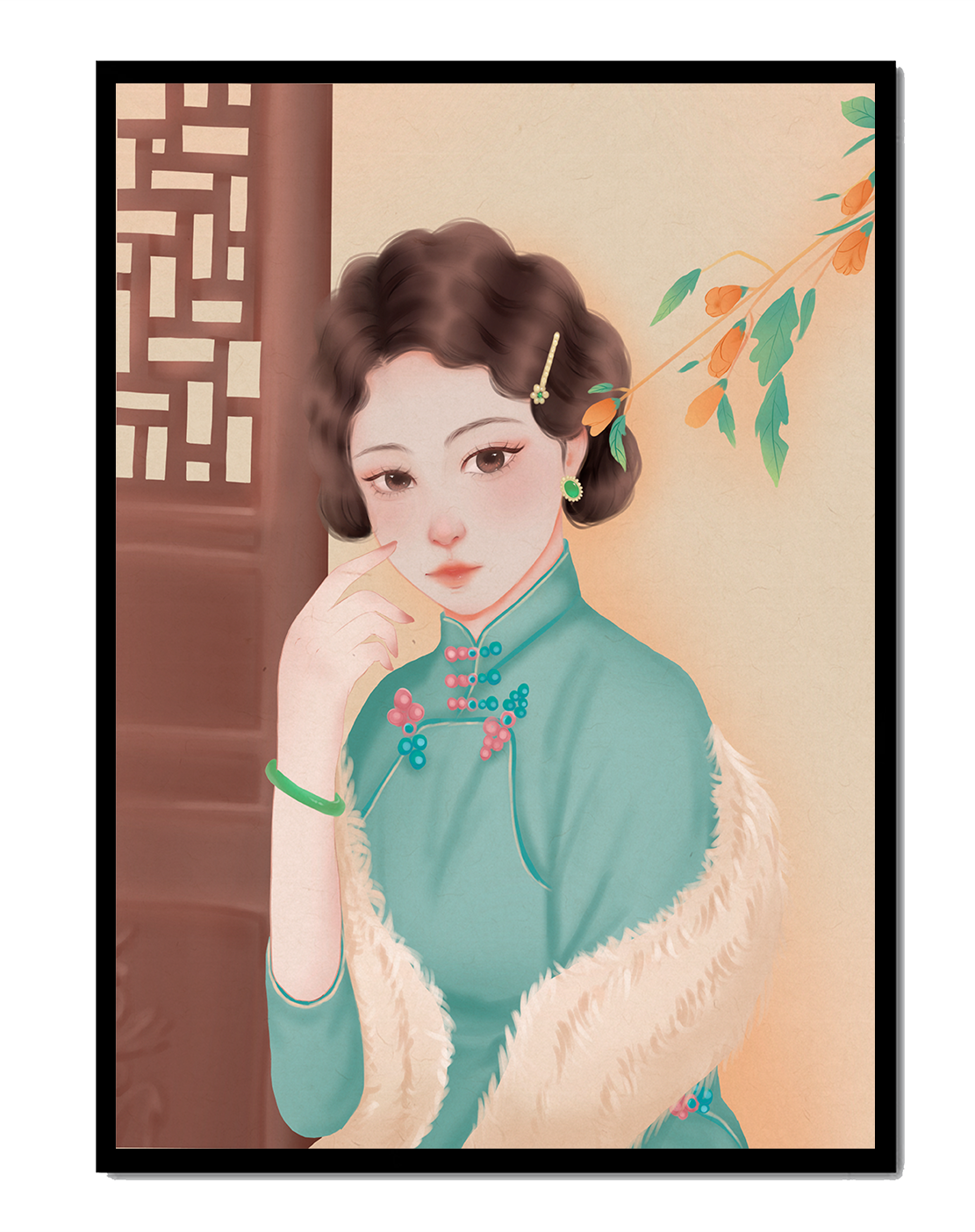 Elegant portrait of a woman in traditional attire with jade accessories