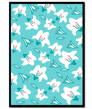 Motif floral avec des lys blancs sur un fond turquoise