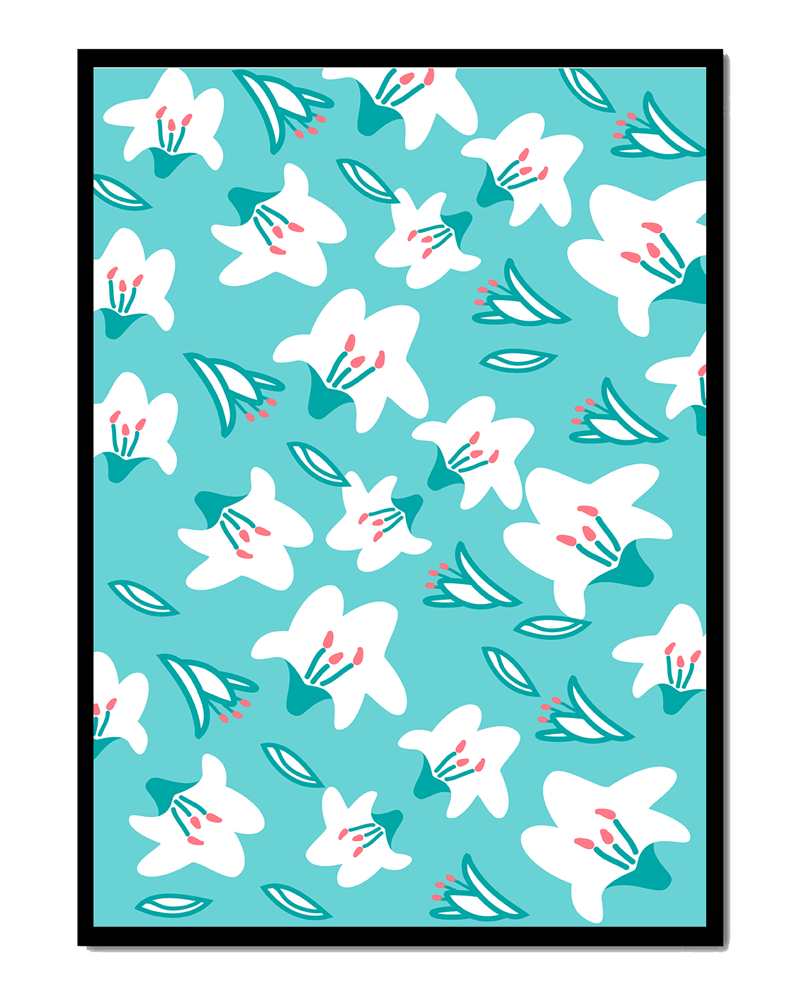 Floral pattern with white lilies on a turquoise background