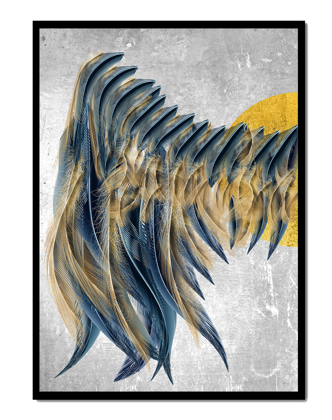 Arte abstracto de plumas con detalles dorados sobre fondo texturizado