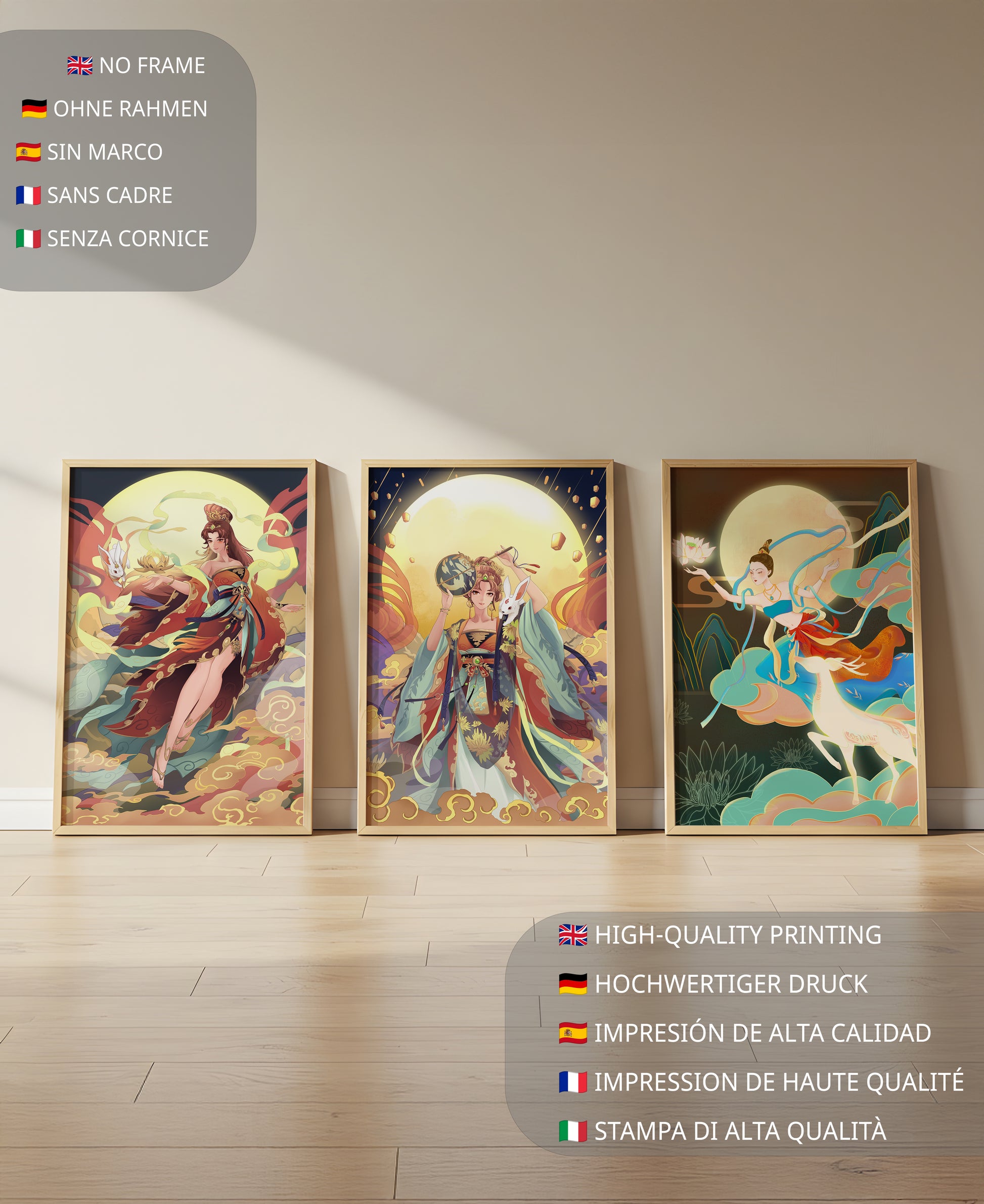 Ostasiatische Dekorative Kunst mit goldenen Elementen in einem Dreierset