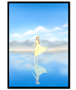 Woman in yellow dress standing on reflective water against clear sky