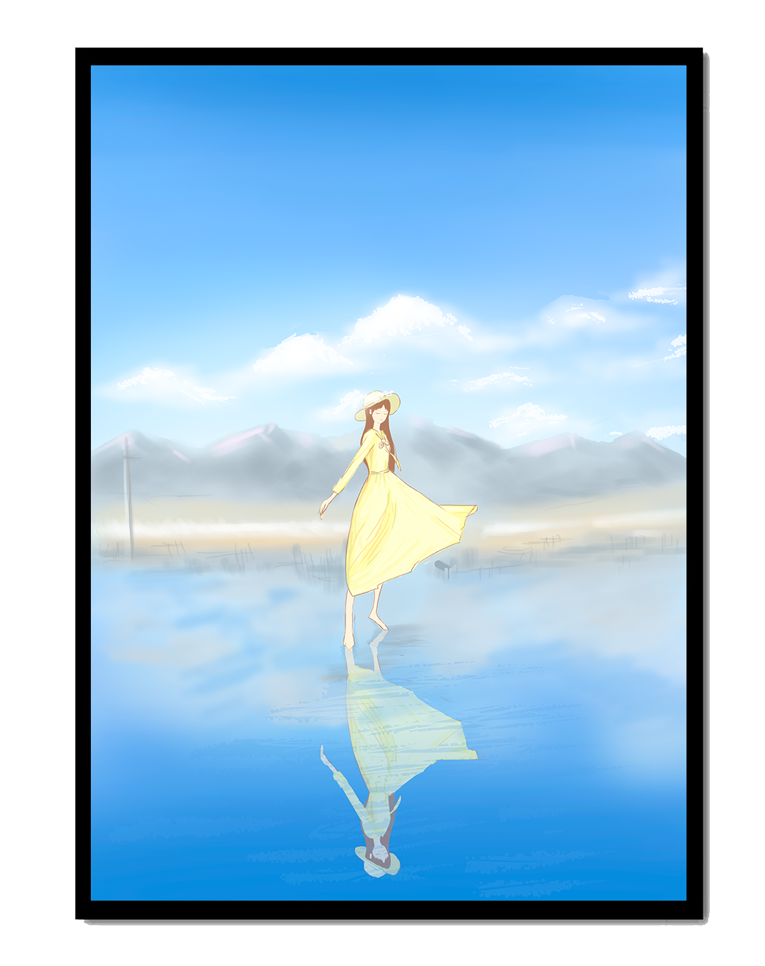 Woman in yellow dress standing on reflective water against clear sky