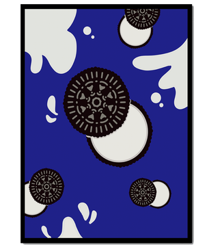 Graphic design featuring cookies and milk splashes on blue background