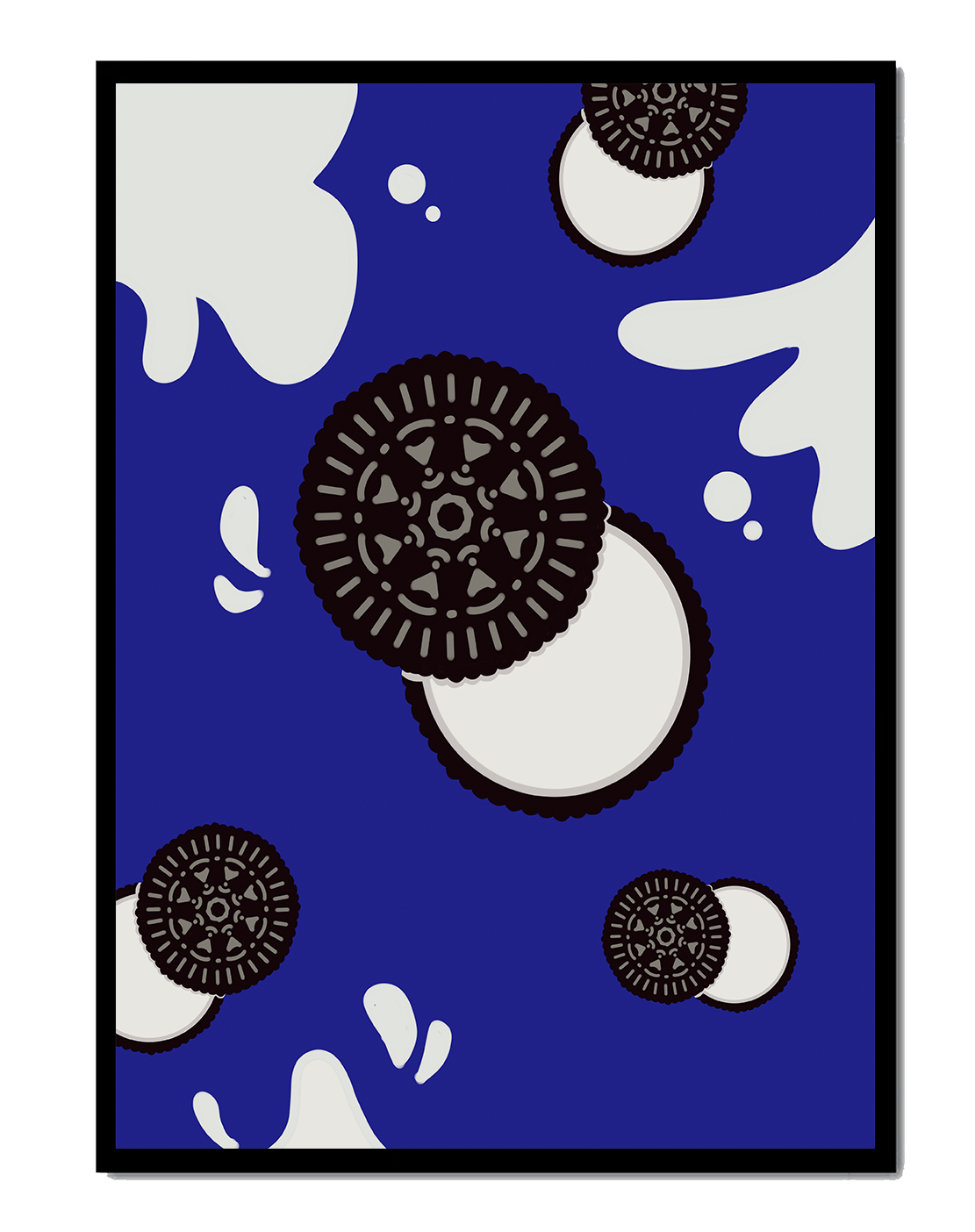 Graphic design featuring cookies and milk splashes on blue background