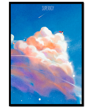 Whimsical illustration of superboy with dreamy cloudscape