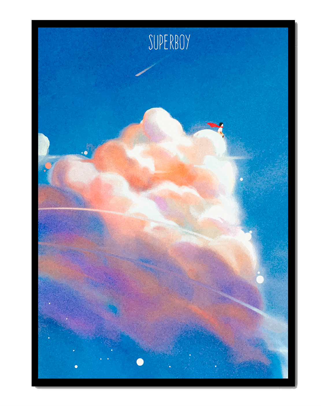 Whimsical illustration of superboy with dreamy cloudscape