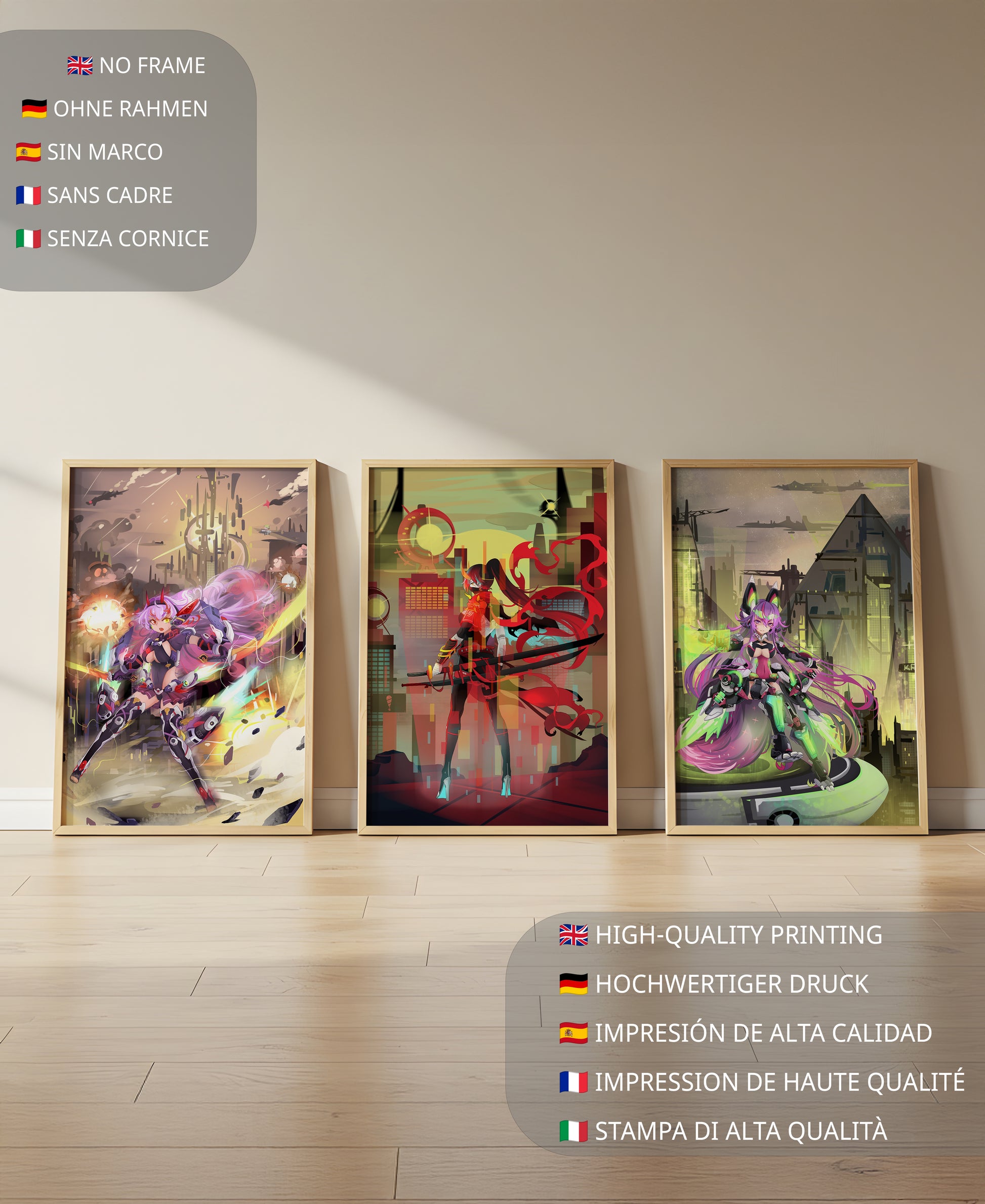 Conjunto De Tres Imágenes Futuristas De Personajes Anime En Una Habitación Moderna