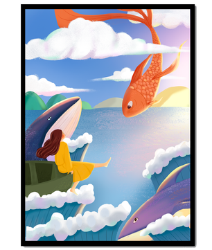 Escena onírica con vida marina y figura flotante en el cielo