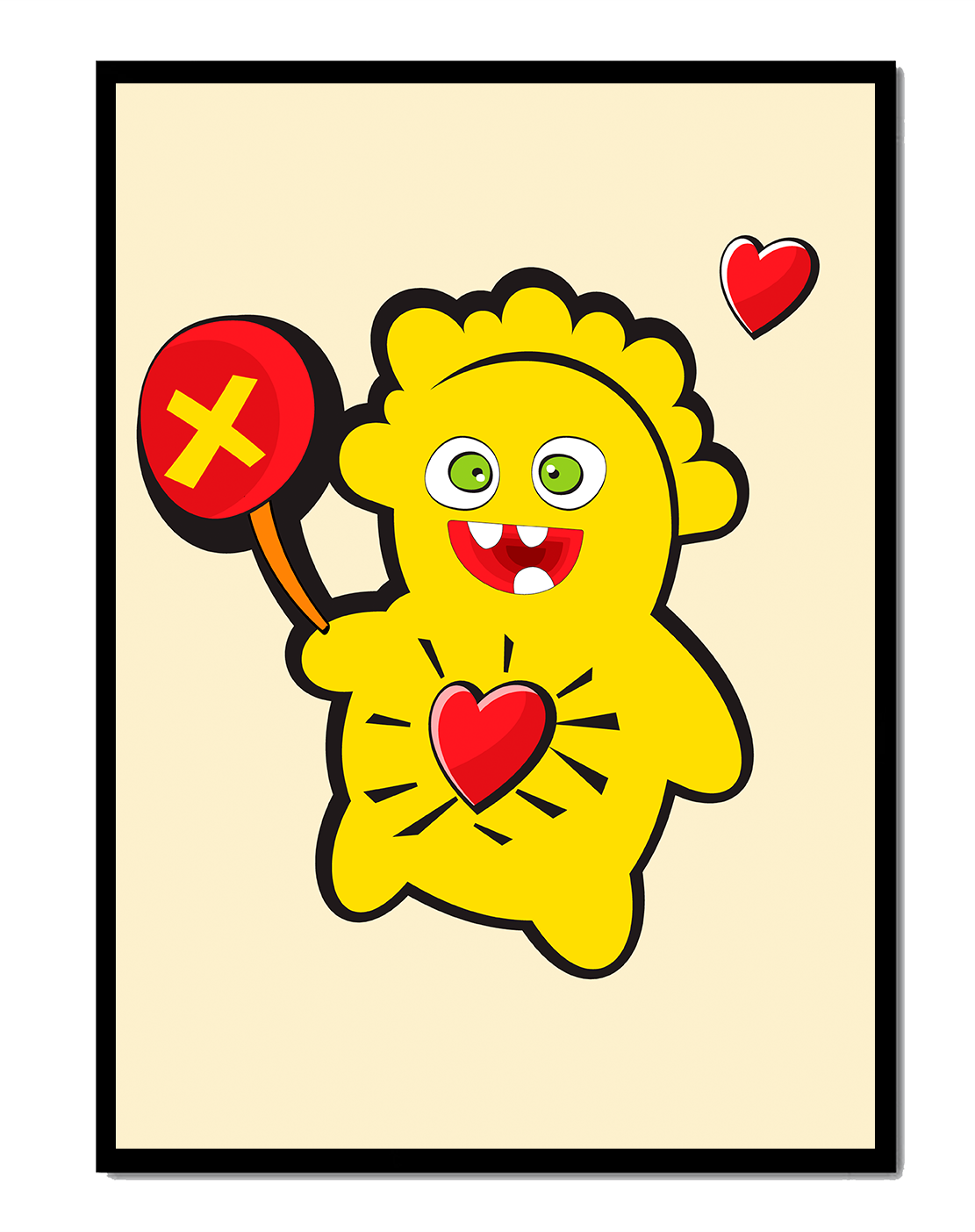 Colorful cartoon character with heart and playful design