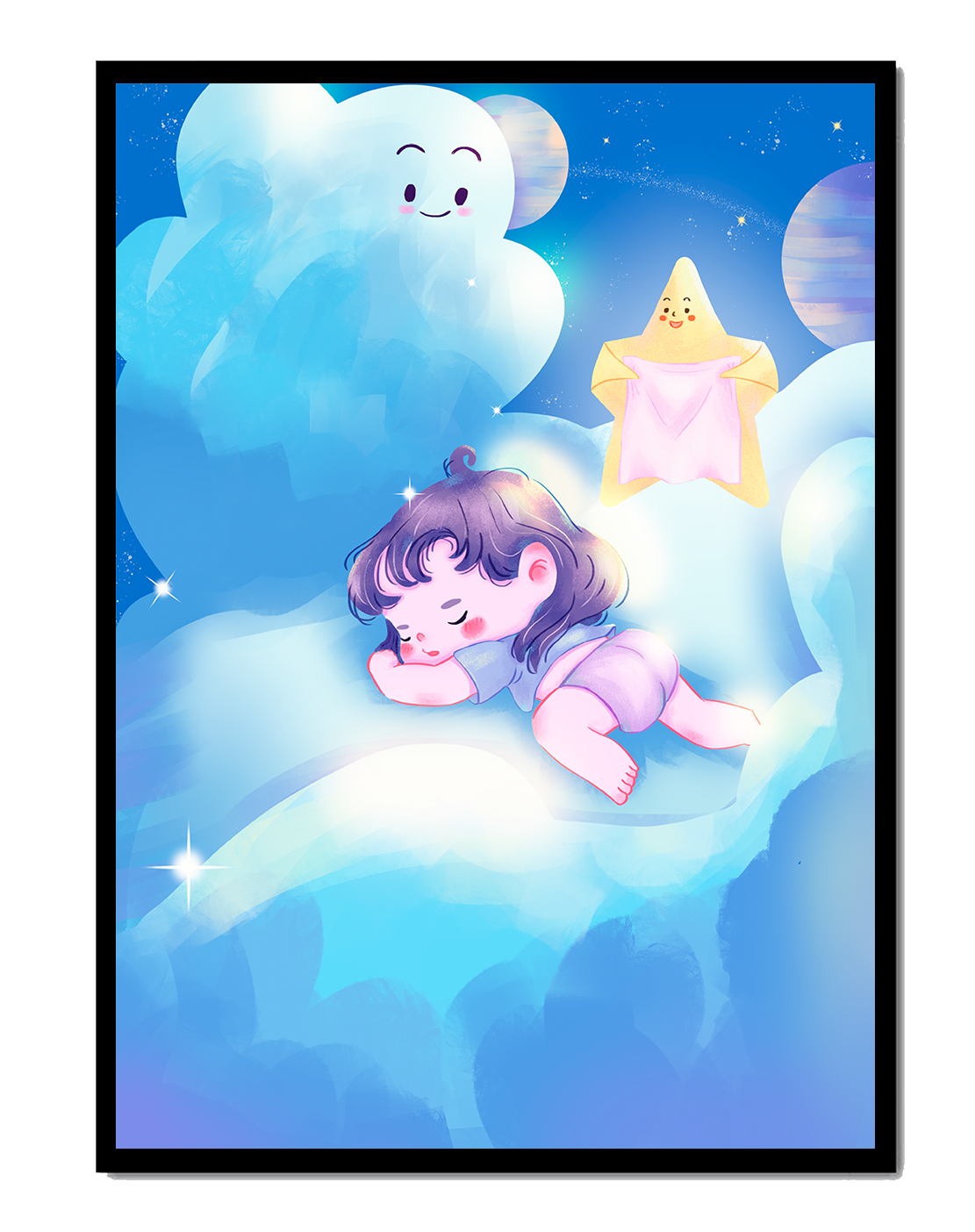 Dreamy illustration of sleeping child on clouds with smiling cloud and star