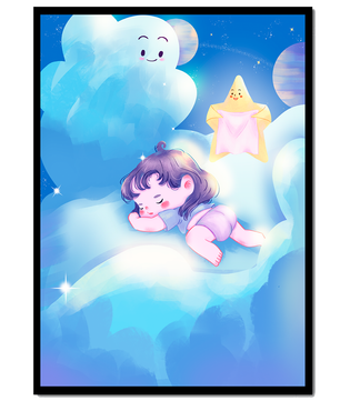 Dreamy illustration of sleeping child on clouds with smiling cloud and star