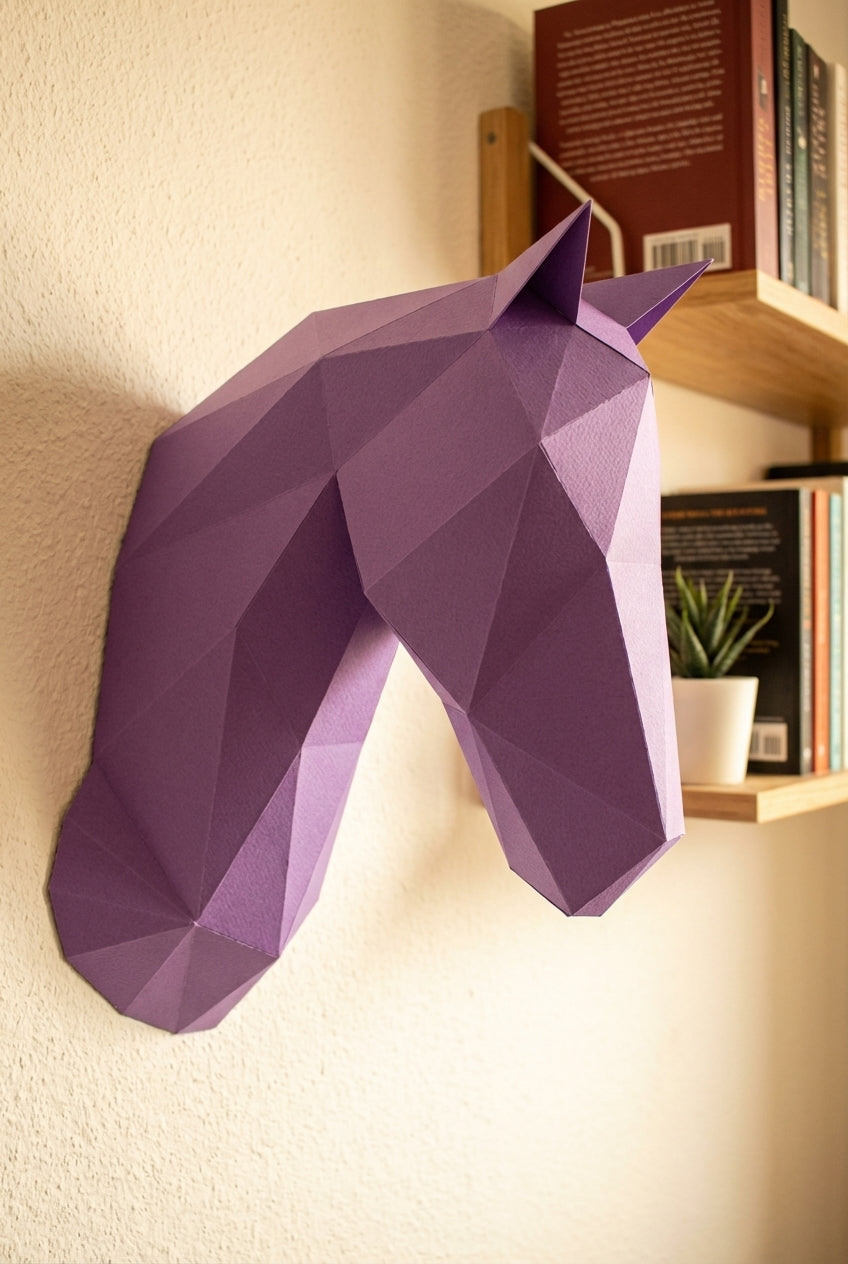 Horse head polygonal paper figure for assembly 25 x 35 x 19 – papercraft DIY craft, modern cardboard wall decoration, geometric style - Mi tienda