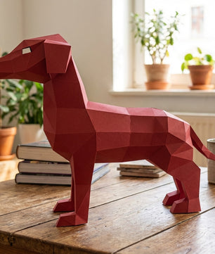 Cute ginger dog 3D papercraft polygonal paper figure for assembly, 50x37x18 cm, 65 parts – DIY craft, sculptural cardboard dog, geometric decor for entryway