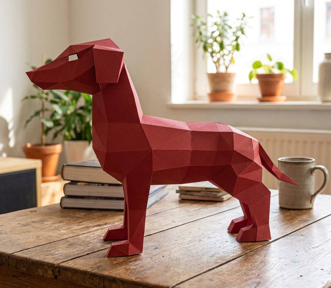 Cute ginger dog 3D papercraft polygonal paper figure for assembly, 50x37x18 cm, 65 parts – DIY craft, sculptural cardboard dog, geometric decor for entryway