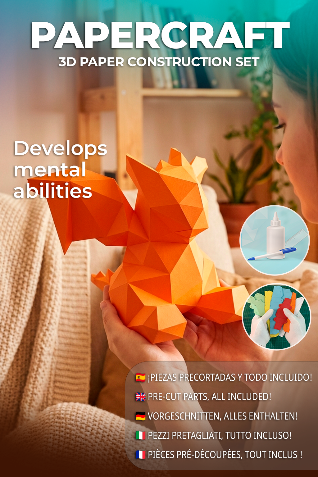 3D small polygonal paper dragon for assembly 23 x 29 x 29 – papercraft DIY kit, modern cardboard sculpture, creative geometric home decoration - Mi tienda