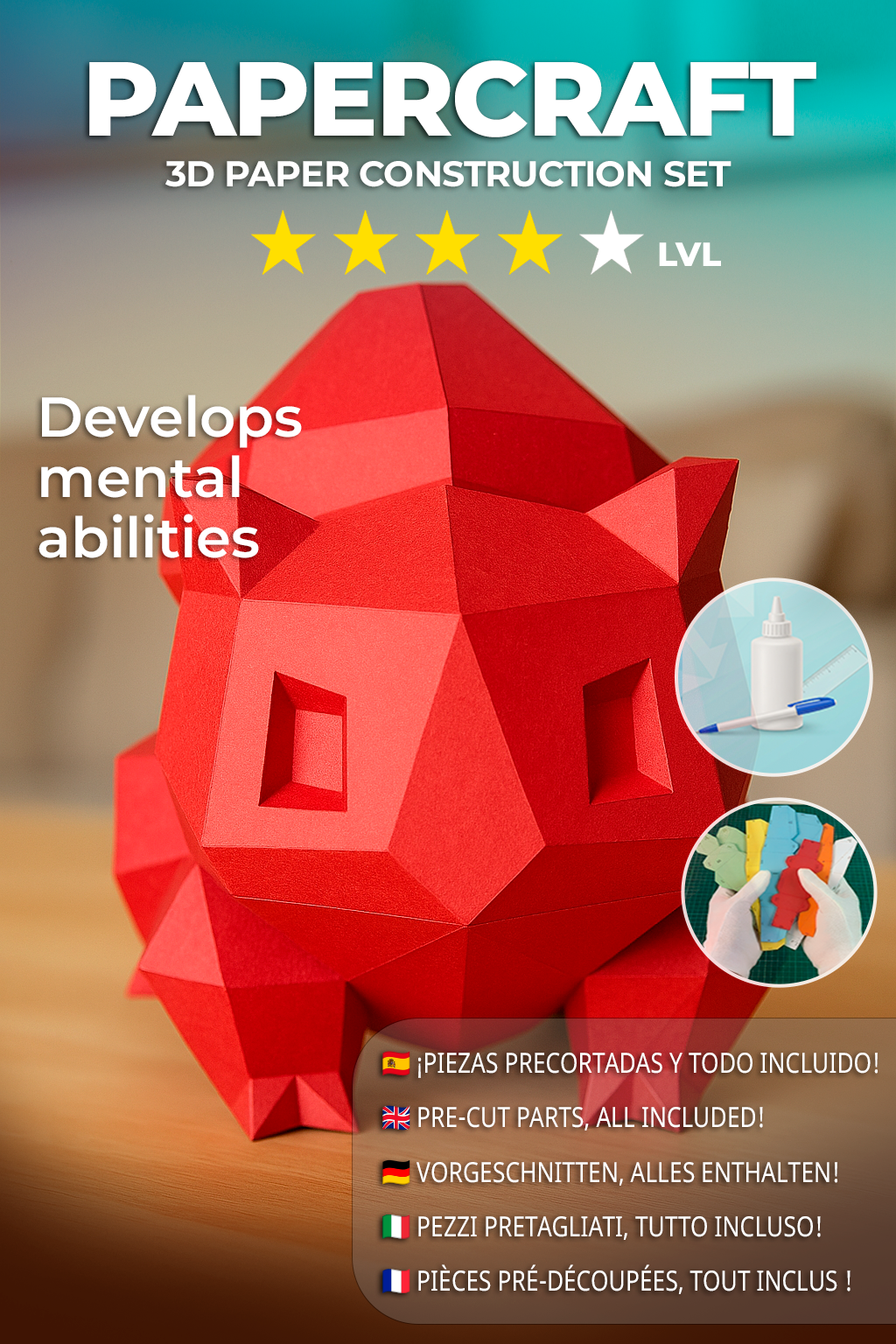 Polygonal paper Bulbasaur craft kit, 3D DIY papercraft model 23x20x19, creative cardboard decor - Mi tienda