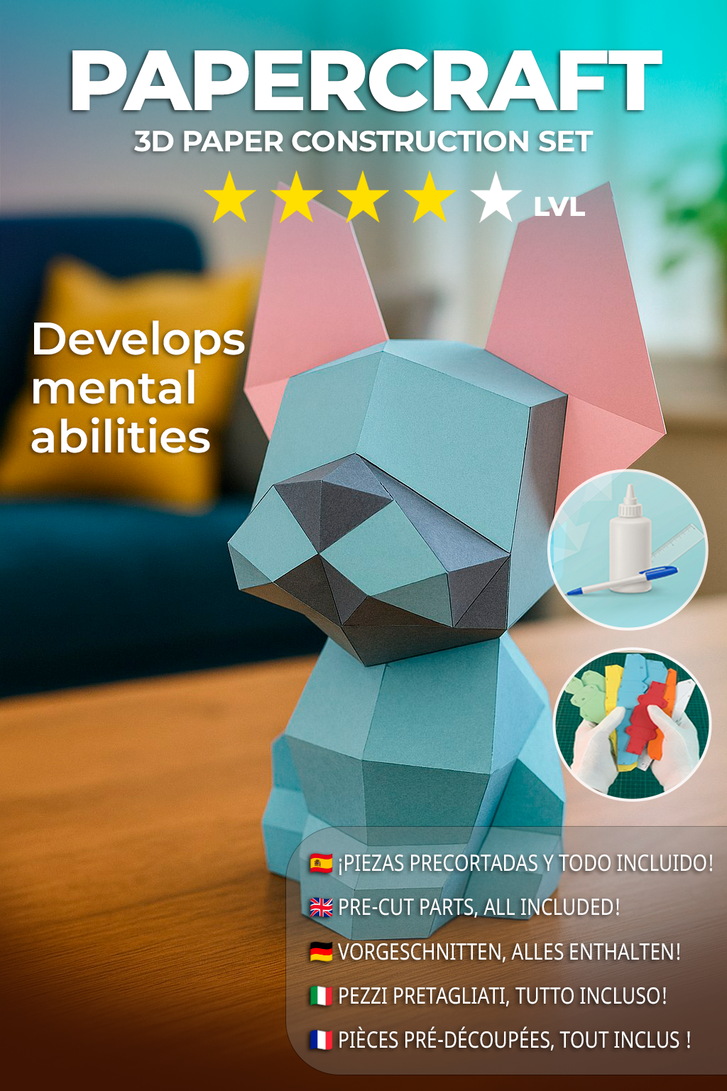 Figura constructor perro poligonal de papel, manualidad 3D para montar 30x18x19— PaperCraft DIY