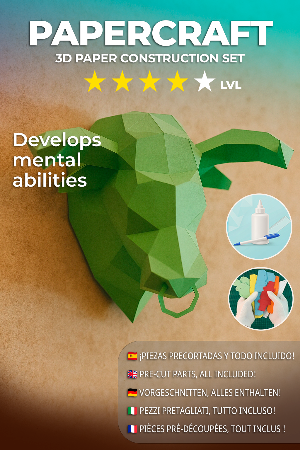 Kit PaperCraft DIY: cabeza de toro poligonal de papel 3D para montar 39x35x29, decoración de pared, manualidad creativa