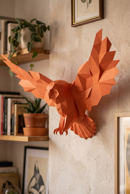 Polygonal paper owl decorative figure with spread wings 75x36x35, 3D DIY papercraft assembly