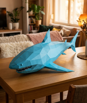 Figura de tiburón de papel poligonal 3D para ensamblar 30 x 27 x 93 – kit de manualidades de papercraft decorativo, escultura geométrica moderna para mesa o estantería