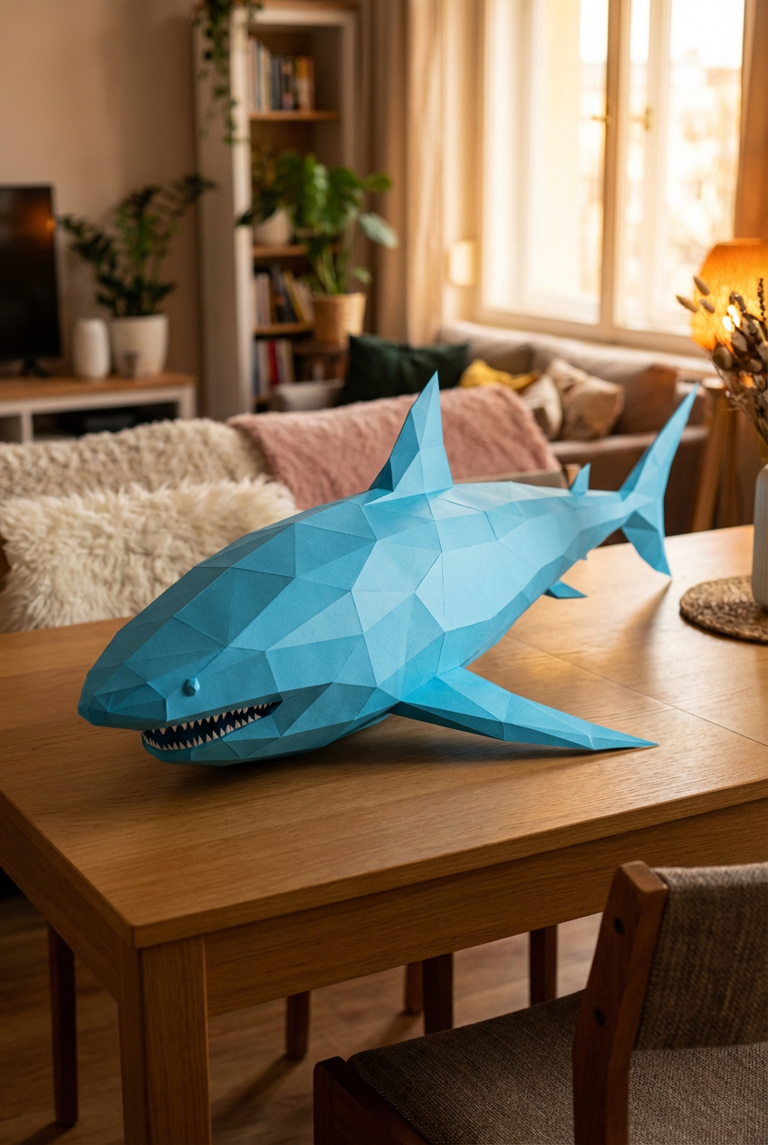 Figura de tiburón de papel poligonal 3D para ensamblar 30 x 27 x 93 – kit de manualidades de papercraft decorativo, escultura geométrica moderna para mesa o estantería