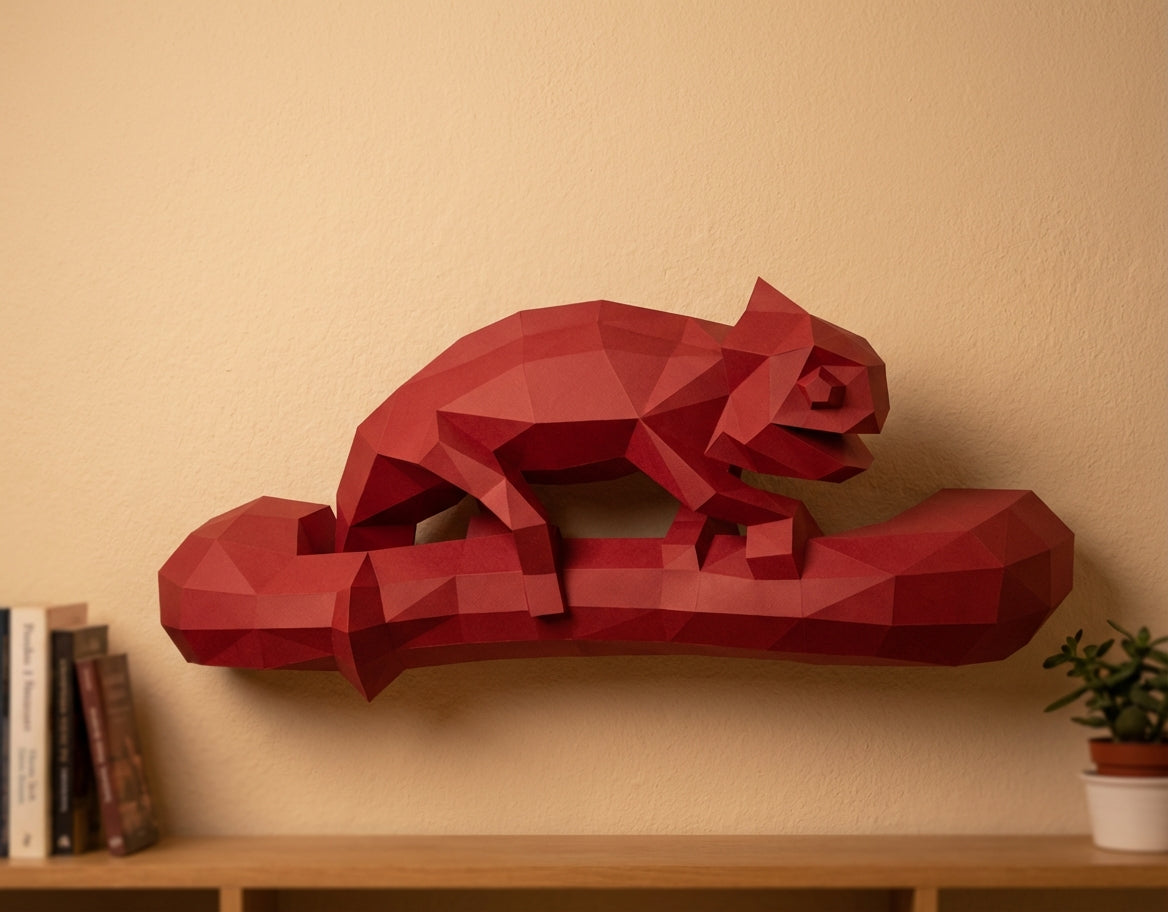 Geometric chameleon papercraft wall sculpture on branch, 3d polygonal lizard, 41x12x19 cm, creative diy kit for unique modern home or office decor - Mi tienda