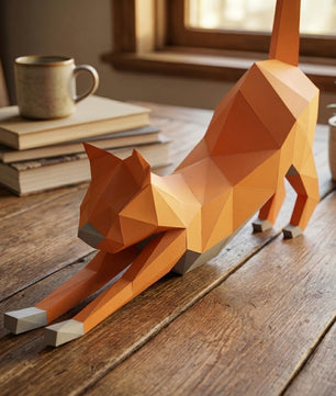 Discover our stretching cat 3D papercraft kit — a creative paper project for mindful breaks and modern home accents. This hand-assembled polygonal feline adds a quirky touch to your office - Mi tienda