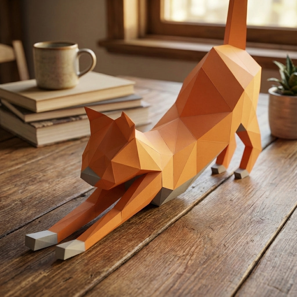 Discover our stretching cat 3D papercraft kit — a creative paper project for mindful breaks and modern home accents. This hand-assembled polygonal feline adds a quirky touch to your office - Mi tienda