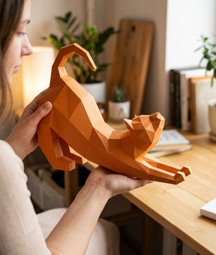 Figura Poligonal 3D de Gato en Papel para Montar 40x32x12 – Kit Decorativo PaperCraft DIY, Escultura Geométrica Moderna para Mesa o Estantería