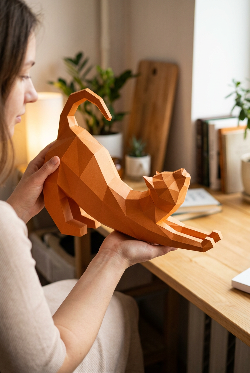 Figura Poligonal 3D de Gato en Papel para Montar 40x32x12 – Kit Decorativo PaperCraft DIY, Escultura Geométrica Moderna para Mesa o Estantería