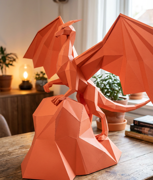 3D polygonal paper dragon figure to assemble on a rock 43x60x36 – DIY papercraft decorative kit, modern geometric sculpture for table or shelf - Mi tienda