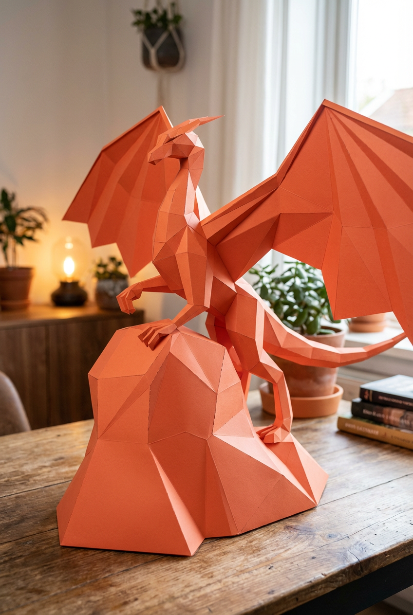 3D polygonal paper dragon figure to assemble on a rock 43x60x36 – DIY papercraft decorative kit, modern geometric sculpture for table or shelf - Mi tienda