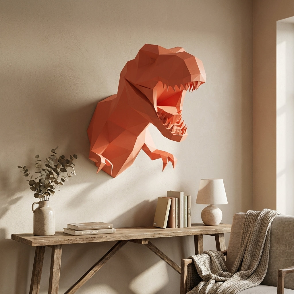 3D Papercraft Green T-Rex Wall Trophy 50cm DIY Low Poly Dinosaur Head Model – Geometric Paper Sculpture Wall Decor for Living Room - Mi tienda