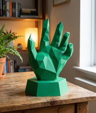 Papercraft hand on stand 3D polygonal paper figure for assembly 40x26x20, 59 parts – DIY craft jewelry holder, sculptural cardboard hand for modern decor - Mi tienda