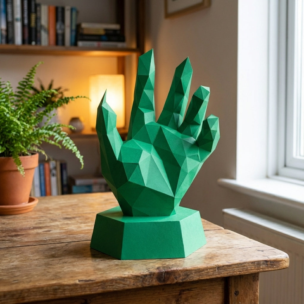 Papercraft hand on stand 3D polygonal paper figure for assembly 40x26x20, 59 parts – DIY craft jewelry holder, sculptural cardboard hand for modern decor - Mi tienda