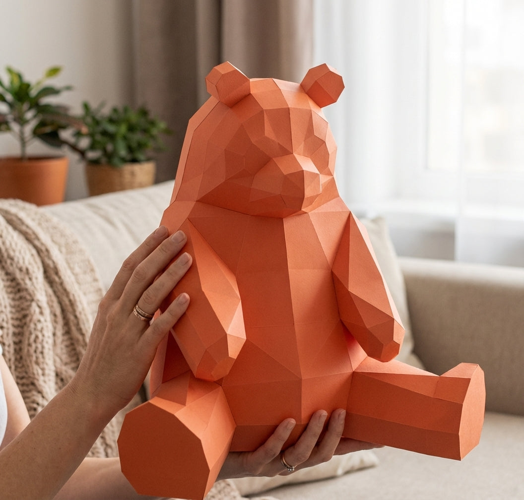 Polygonal panda papercraft, 3d geometric sculpture, 61-piece diy paper kit, 32x35x35 cm, modern handmade decor for home or office - Mi tienda