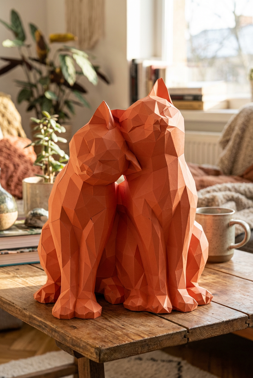 Figura constructor gatos poligonales de papel, manualidad 3D para montar 35x29x26 — PaperCraft DIY, figura de cartón para decoración del hogar