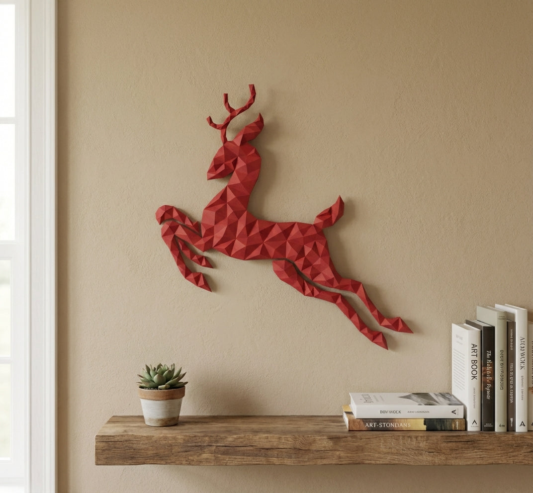 Modern flat deer wall papercraft, 56x57x2 cm geometric 3D polygonal silhouette, DIY creative kit for striking living room or hallway wall art, bold red home decor - Mi tienda