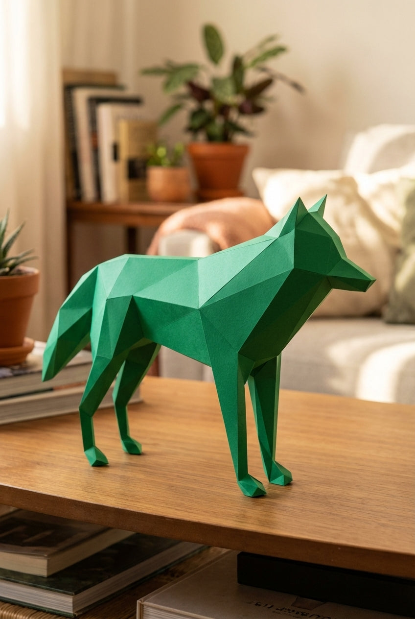 3D polygonal paper wolf figure for assembly 58x30x12 – decorative papercraft DIY kit, modern geometric sculpture for table or shelf - Mi tienda