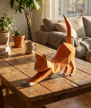 Discover our stretching cat 3D papercraft kit — a creative paper project for mindful breaks and modern home accents. This hand-assembled polygonal feline adds a quirky touch to your office - Mi tienda