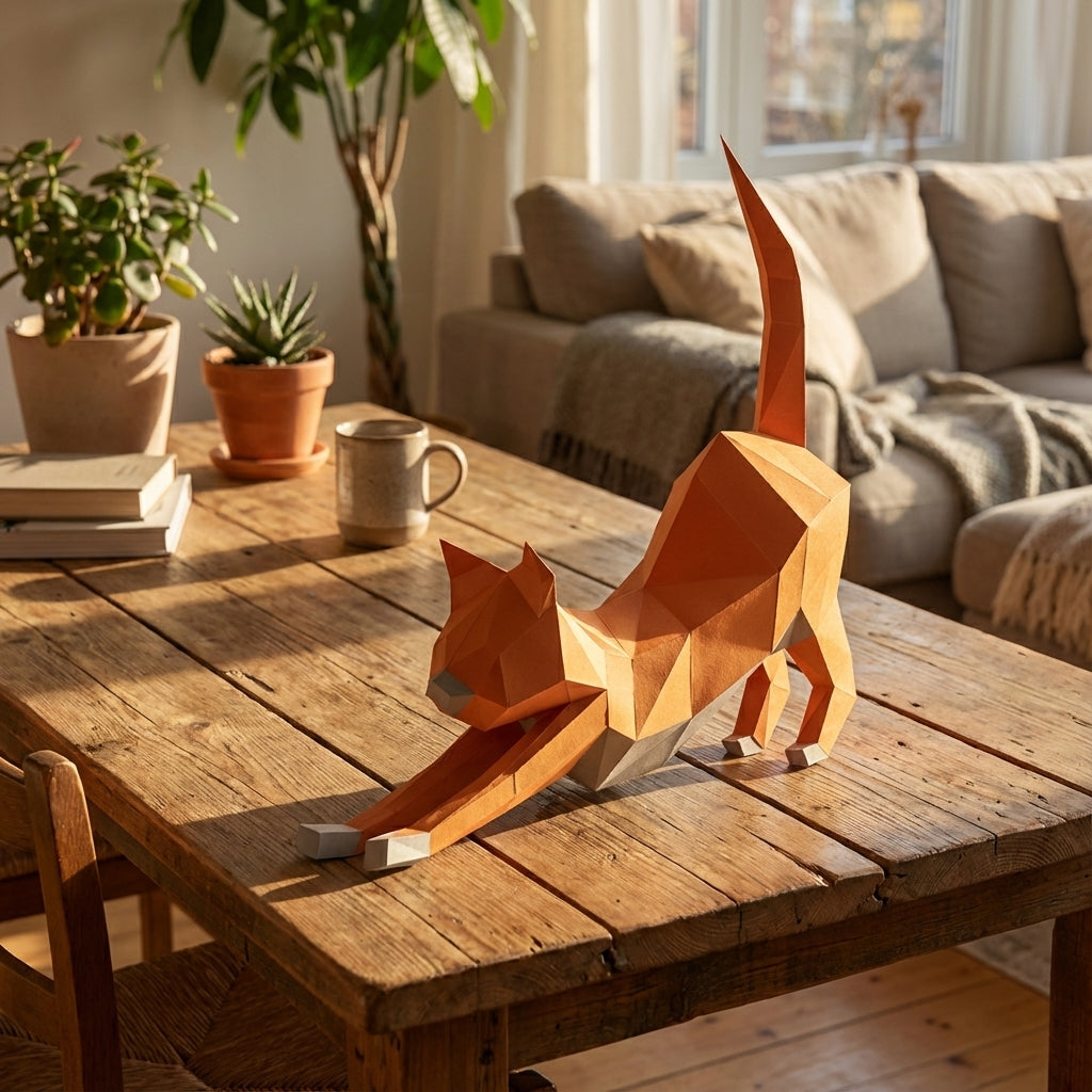 Discover our stretching cat 3D papercraft kit — a creative paper project for mindful breaks and modern home accents. This hand-assembled polygonal feline adds a quirky touch to your office - Mi tienda