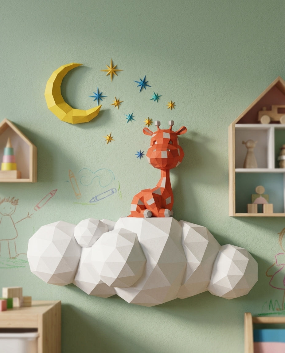 Cute wall giraffe 3D papercraft polygonal paper figure for assembly 50x45x16, 272 parts – DIY craft, sculptural cardboard giraffe for kids room wall decor
