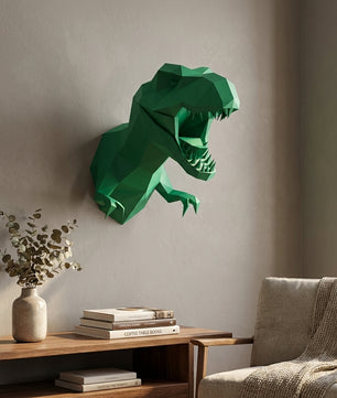3D Papercraft Green T-Rex Wall Trophy 50cm DIY Low Poly Dinosaur Head Model – Geometric Paper Sculpture Wall Decor for Living Room - Mi tienda